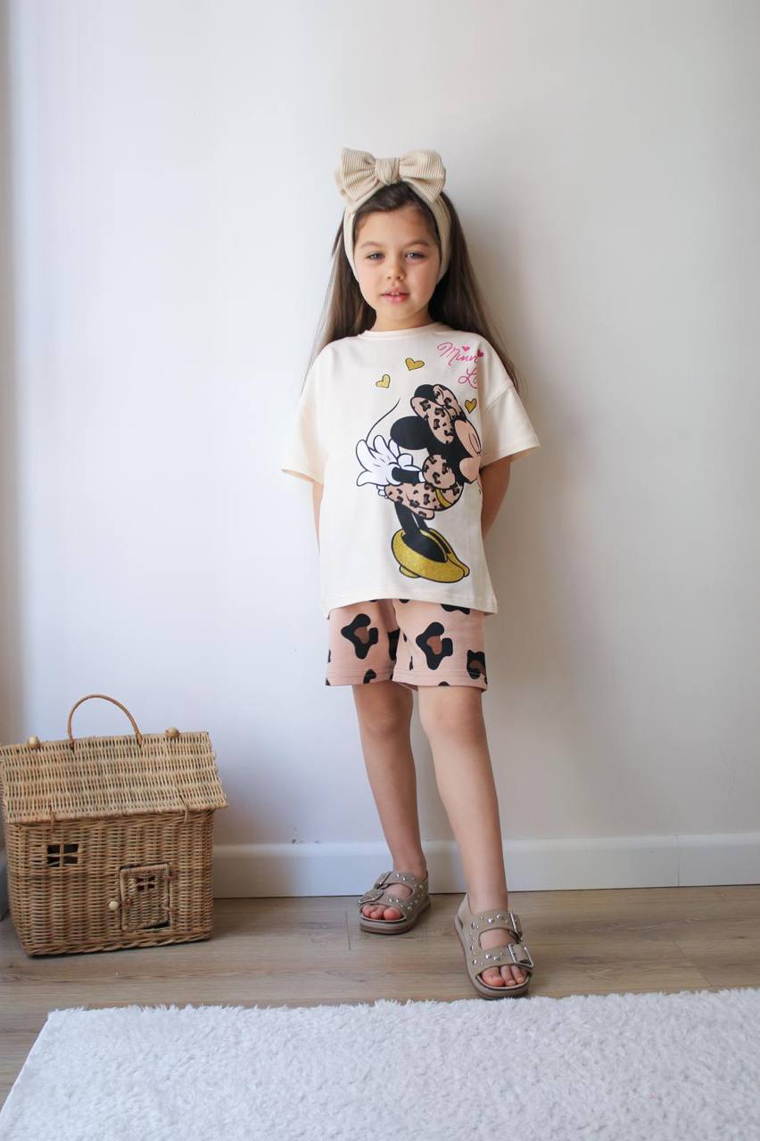 Minnie Mouse Leopar Detaylı Şortlu Kız Çocuk Takım