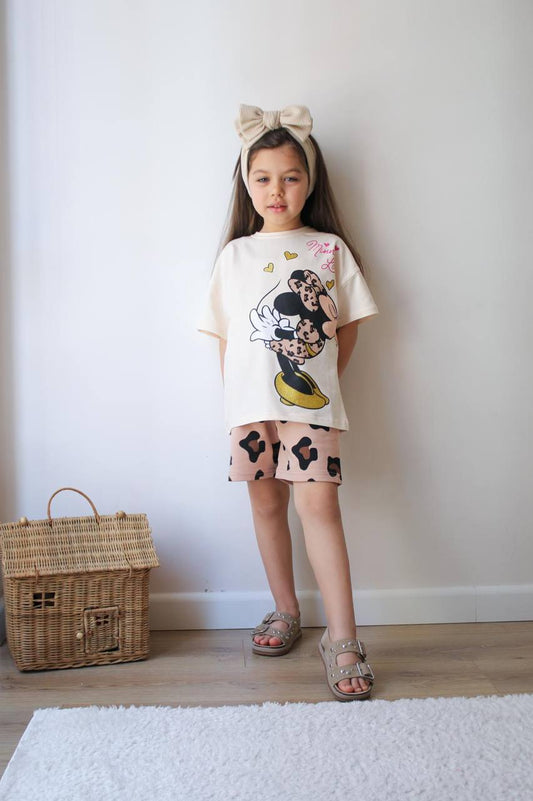 Minnie Mouse Leopar Detaylı Şortlu Kız Çocuk Takım
